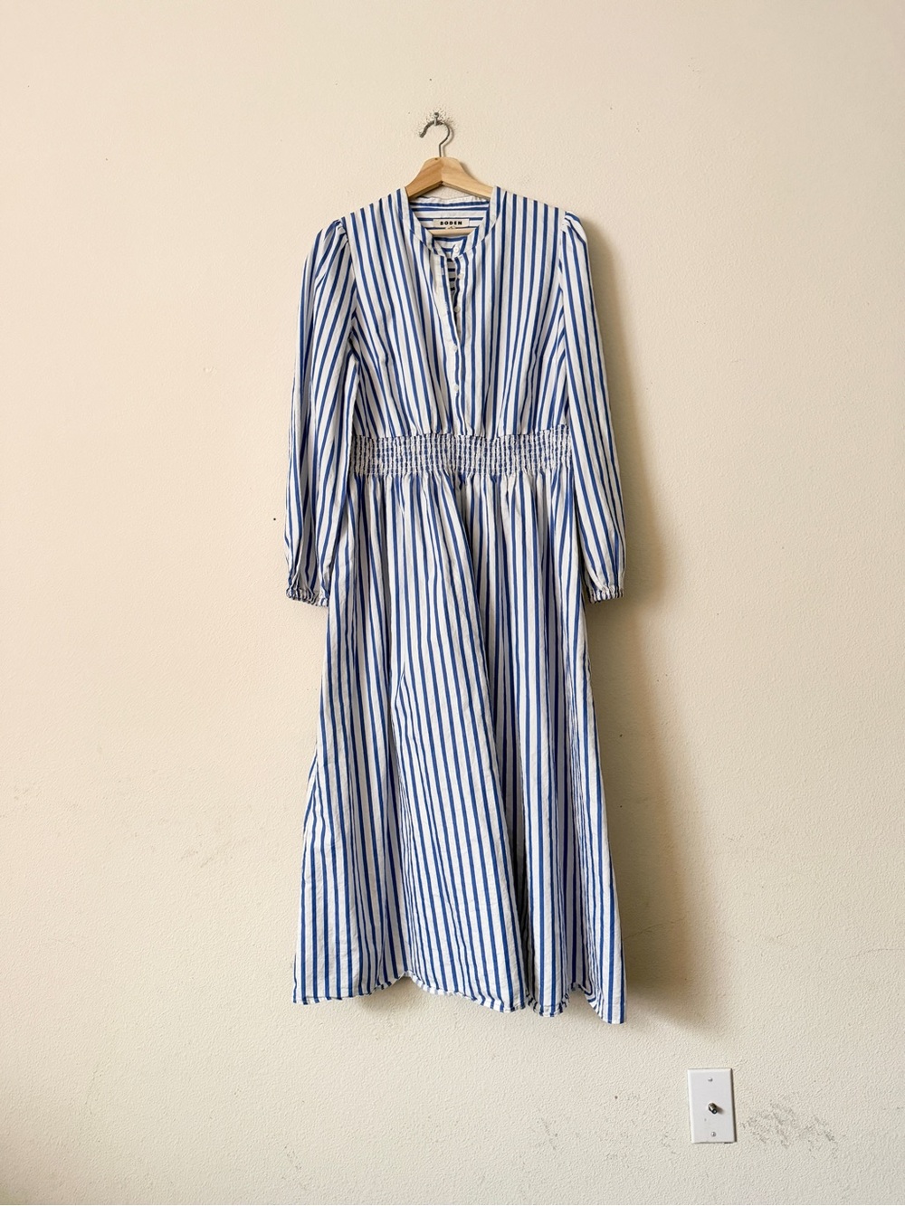 Boden SIZE 16-18 smocked waist blue white striped long sleeve cotton midi dress - Picture 2 of 7